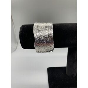 Vintage Silver Tone Textured Bark Hinged Cuff Bracelet Wide Statement Bangle
